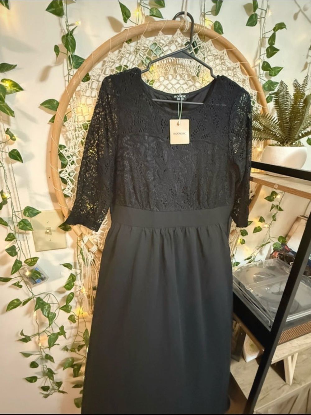 BloomChic Black Lace-Top Midi Dress